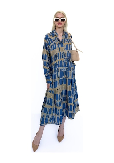 Madmext İndigo Uzun Kollu Düğmeli Desenli Elbise Mg2430 Indigo