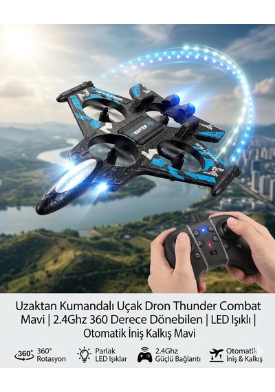 Uzaktan Kumandalı Uçak Dron Thunder Combat Mavi 2.4ghz 360 Derece Dönebilen Led Işıklı Otomati