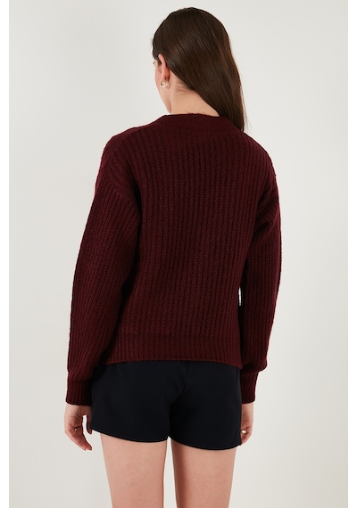 Lela Premium Regular Fit V Yaka Fiyonk Bağlama Detaylı Örgü Desenli Triko Bayan Hırka 680Kz1947 Bordo