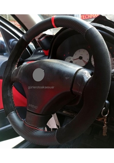 Peugeot 406 Alkantra-Karbon Kırmızı Yüzüklü Direksiyon Kılıf