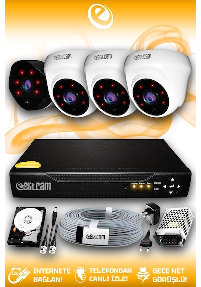 Elitcam 4 Kameralı Uzay 3 İç Kamera Set 500 GB HDD Full HD Gece Görüşlü Güvenlik Kamerası Sistemi