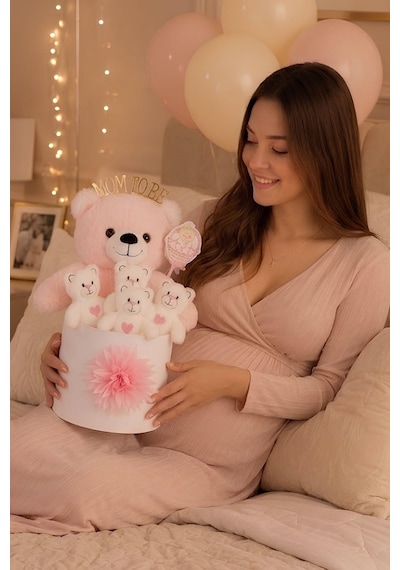 Mom To Be Yazılı Taçlı Peluş Ayıcık Hediye Kutusu Anne Adayına Ve Kız Bebeğe Hediye
