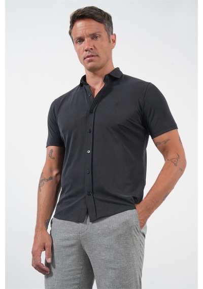 İmza Siyah İtalyan Yaka Kısa Kol Cepsiz Slim Fit Esnek Gömlek 1004260159