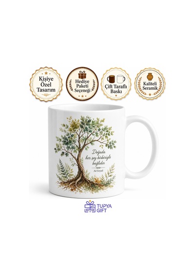 Ağaç Desenli Doğal Tasarım Baskılı Kupa Bardak Hediye Porselen Mug Beyaz / Çok Renkli