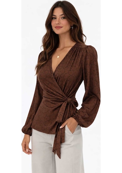 Hnf Giyim Yandan Baglamalı Kırvaze Bluz Kahve Yaprak Desenli