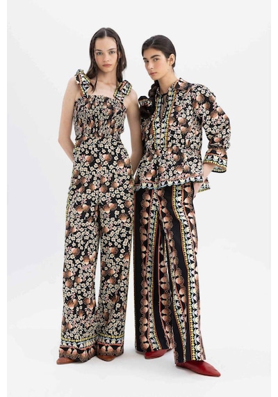Defacto Lug Von Siga x DeFacto Desenli Bağlanabilir Askılı Poplin Uzun Tulum C1648AX24SM Siyah