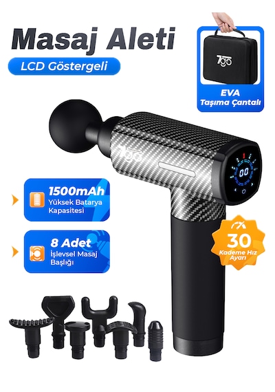 7go 7gmg3 Masaj Tabancası 8 Başlık 30 Kademe Hız Lcd Ekran Sessiz Güçlü Motor 1500mah Bata Siyah