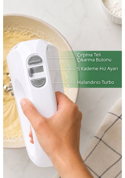 Kiwi Kmx-3620 Mikser 5 Kademe Turbo Fonksiyon Hamur Kancalı Saklama Kutulu Beyaz Diğer