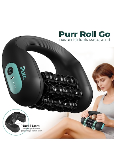 Purr Roll Go Titreşimli Şarjlı Selülit Masaj Aleti, Motorlu Silindir Ve Vibrasyonlu Çift Etkili Bacak, Kol, Boyun Masaj Cihazı Siyah