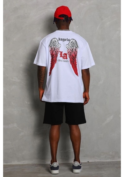 Erkek Kısa Kol Tişört Bisiklet Yaka Kanat Baskılı Oversize T-shirt - Beyaz