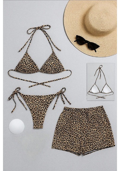 Moda Dua Kadın 3'lü Set Leopar Desenli Şortlu Ve Yandan Bağlamalı Bikini Mayo Takımı