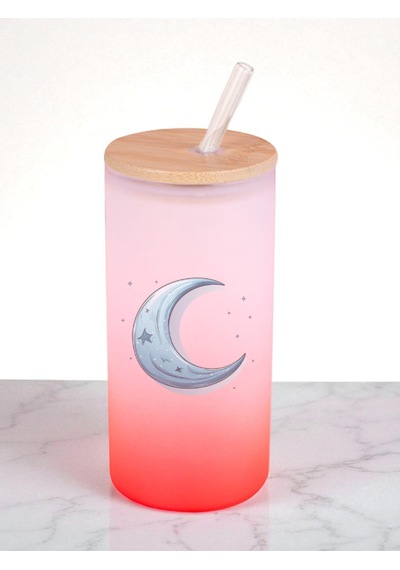 Mavi Ay Baskılı 600 Ml Cam Matara- Su Matarası, Suluk Matara, Cam Pipetli Matara Kırmızı