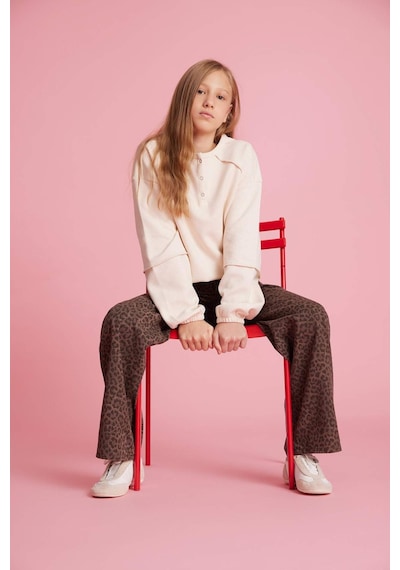 Defacto Kız Çocuk Oversize Geniş Kalıp Bisiklet Yaka Düğmeli Sweatshirt G1712a825auer140 Ekru-er140