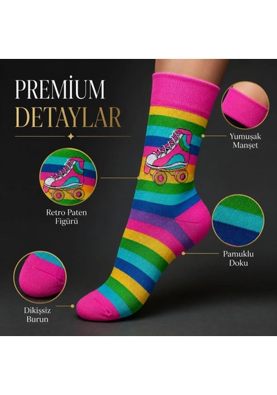 DS Wak Gökkuşağı Çizgili Retro Paten Desenli Soket Çorap Pamuklu Dikişsiz Burun 36-40 Numara Uzun Konç Çok Renkli DS Wak Gökkuşağı Çizgili Retro Paten Desenli Soket Çorap Pamuklu Dikişsiz Burun 36-40 Numara Uzun Konç Çok Renkli