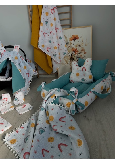 %100 Pamuk Çift Katlı Çift Kullanımlı Müslin Kumaş Yeni Doğan Bebek Seti 16 Parça Güneş Set