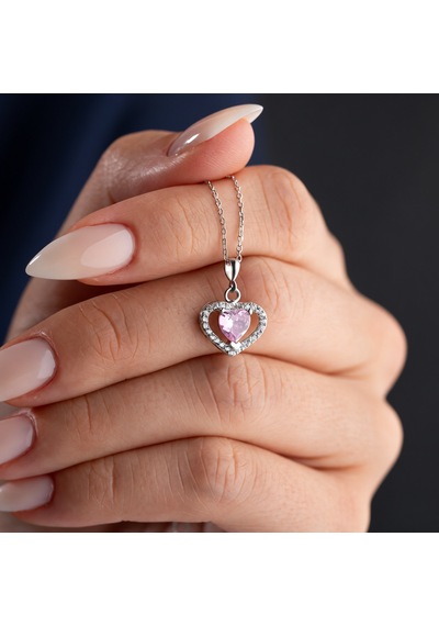 Premium Parlak Ve Şık Pembe Zirkon Taşlı Kalp Kadın 925 Gümüş Kolye 45 Cm