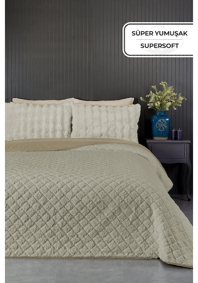 Premium Peluş Tek Kişilik Çok Amaçlı Yatak Örtüsü 160x220 Çift Taraflı Battaniye Pike Bej Cappuccino