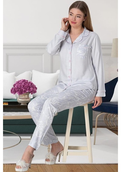 Mecit Pijama Mecit 5143 Bayan Pembe Boydan Düğmeli Uzun Kollu Pijama Takımı 001