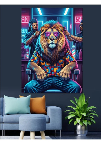 Ahşap Tablo Neon Gözlüklü Aslan Portresi