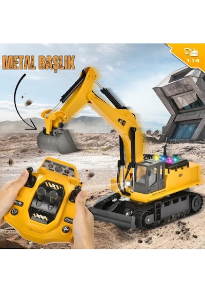 1:14 Ölçek Şarjlı Işıklı Sesli Konsol Kumandalı Metal Başlıklı Oyuncak Ekskavatör Kepçe