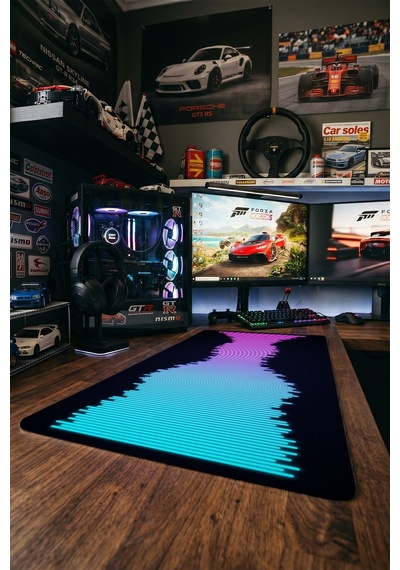 Ekolayzer Gaming Mousepad Xxl 90x40 Cm Kaymaz Taban Dikişli Kenar Mavi Neon Oyuncu Masa Pedi