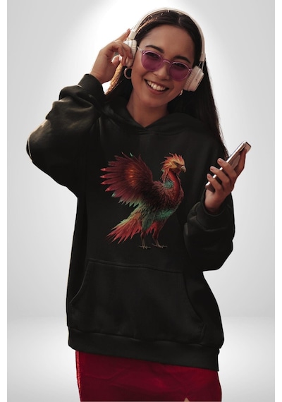 Anka Kuşu Ateş Kuşu Kadın Erkek Siyah Kapüşonlu Sweatshirt Hoodie Siyah
