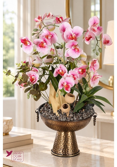 Yapay Çiçek Sitesi Metal Bronz Küpeli Saksıda Yapay Tropikal Orkide Bahçesi Tanzimi 60 Cm Pembe Beyaz