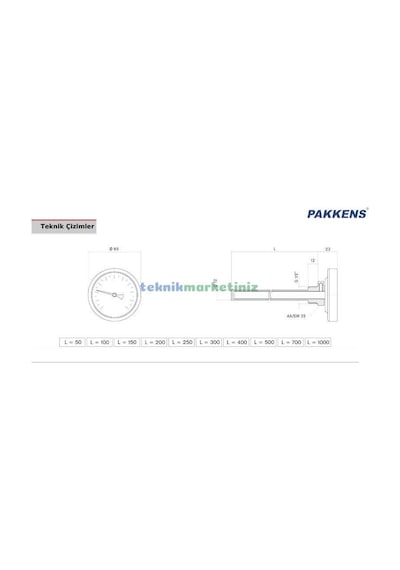 Pakkens 63 MM 500 C Derece Arkadan Bağlantılı Bi-metal Fırın Termometre