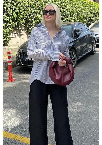 Madmext Siyah Çizgili Over Fit Gömlek Mg1525 Siyah
