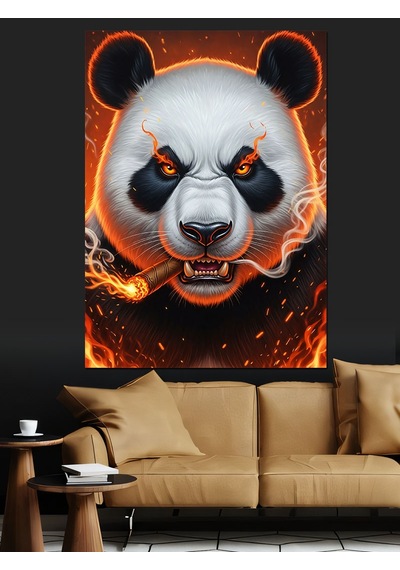 Ahşap Tablo Ağzında Puro Olan Öfkeli Panda