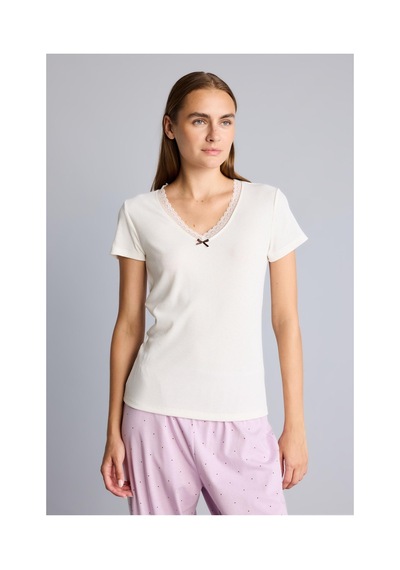 Defacto Regular Fit V Yaka Kısa Kollu Dantel Detaylı Üst Esnek Belli Alt Ribana Pijama Takımı I7414ax26aupr336 Mor-pr336