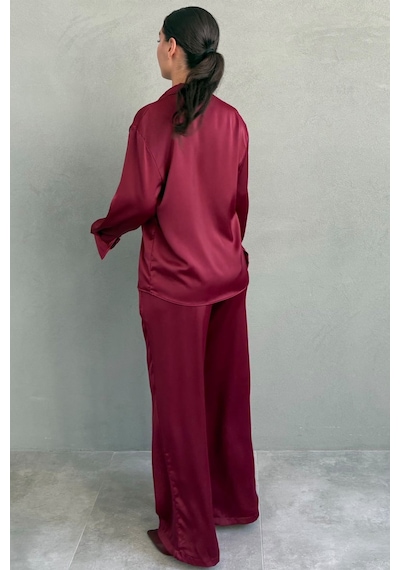 Madmext Bordo Saten Gömlek Pantolon Takım Mg2745