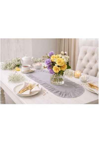 Fırfırlı Fistolu Duck Keten Oval Runner & Dekoratif Örtü &sehpa Örtü 35x65 Cm Gri