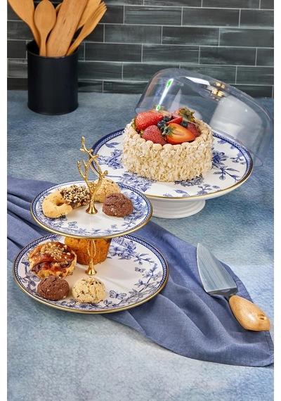 Butterfly 2li Set Seramik Kek Fanusu Katlı Kurabiyelik Pasta Sunum Tabağı Mavi