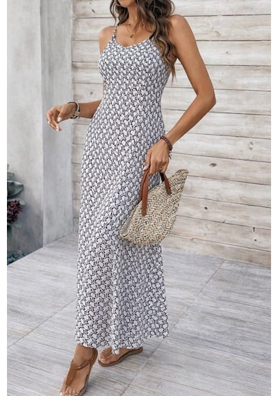 Butik İstanbul Kadın Ip Askılı V Yakalı Yırtmaçlı Uzun Süprem Elbise Beyaz