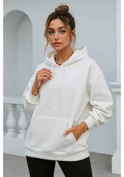 Kadın Ekru Kanguru Cepli Kapüşonlu Scuba Sweatshirt Ekru