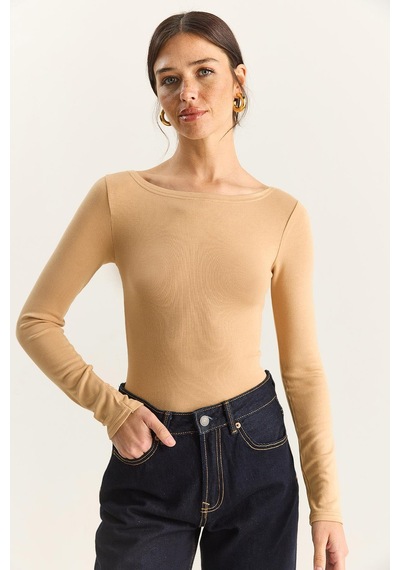Shade Kadın Cotton Kayık Yaka Bluz 6025 60283832 - Bej