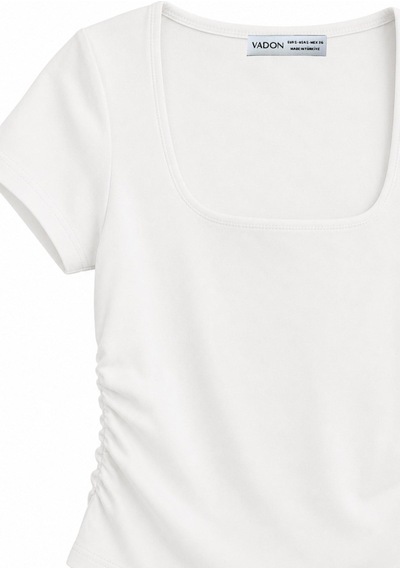 Vadon 1006 Kadın Pamuklu Kare Yaka Yan Büzgü Detaylı Basic Crop T-shirt Bluz Beyaz