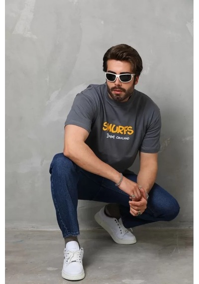 Unisex Basic Bisiklet Yaka Oversize T-shirt - Füme