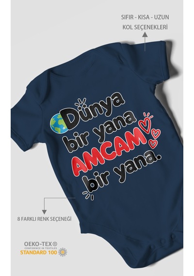 Morivokids Dünya Bir Yana, Amcam Bir Yana Kısa Kollu Bebek Body %100 Pamuk Lacivert