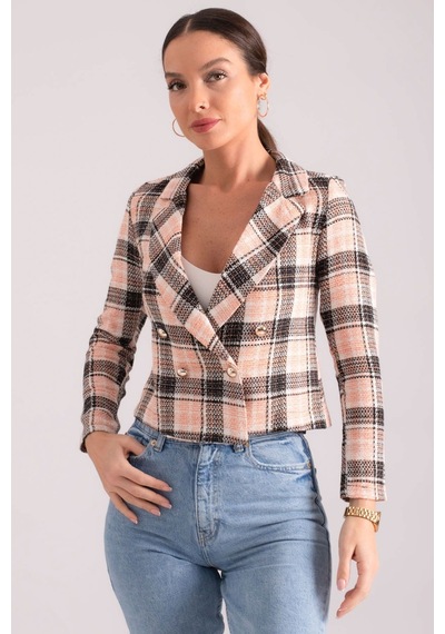 Armonika Kadın Açık Turuncu Kruvaze Yaka Tüvit Crop Ceket Arm-24k001014