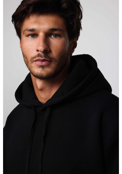 Tudors Unisex Oversize Geniş Kesim Pamuklu Yumuşak Dokulu İçi Polarlı Basic Siyah Kapüşonlu Sweatshirt-29703-siyah Siyah