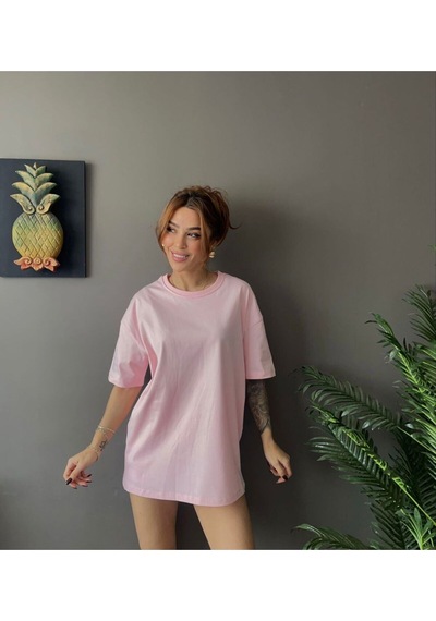 Kadın Oversize Basic Tişört Salaş Kesim Pamuklu Günlük T-shirt Pembe