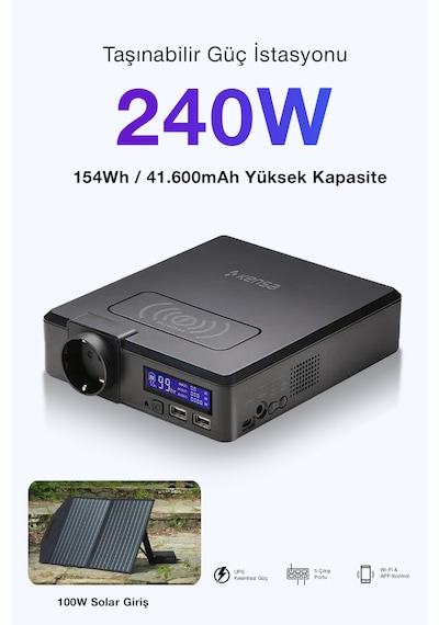240w Taşınabilir Güç İstasyonu 41600 Mah Kablosuz Şarjlı Solar Destekli Hızlı Şarj 154wh Kapasiteli