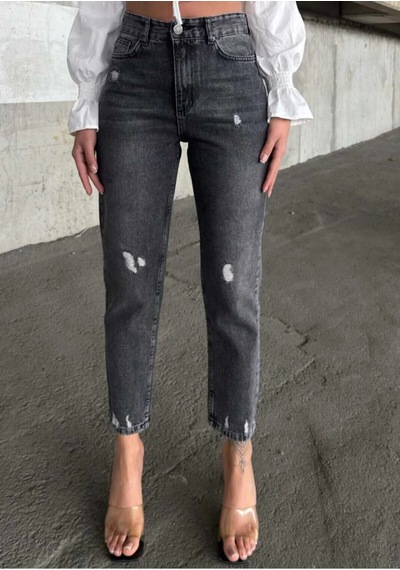 Kene Jeans Yüksek Bel Füme İşlemli Tam Kalıp Lazer Yırtık Mom Jeans Füme İşlemli