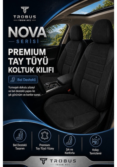 Nova Serisi Tay Tüyü Bel Destekli Siyah Premium Üniversal Koltuk Kılıfı Tam Set