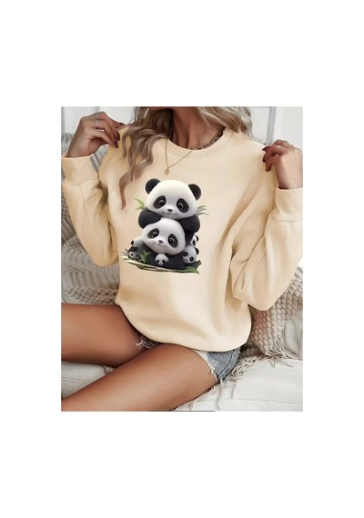 Herkesemoda Pandalar Baskı Detaylı Bisiklet Yaka Sweatshirt Bej