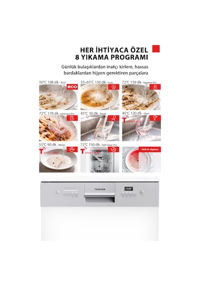 Toshiba  DW-14F7ME W TR 72 Derece Hijyen Pro 8 Programlı 14 Kişilik Bulaşık Makinesi Beyaz
