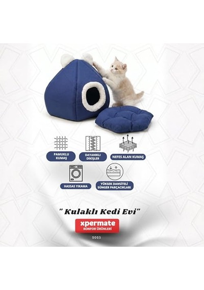Xpermate Kedi Evi Kapalı Kedi Yatağı Çıkarılabilir Minderli Kedi Yuvası Lacivert