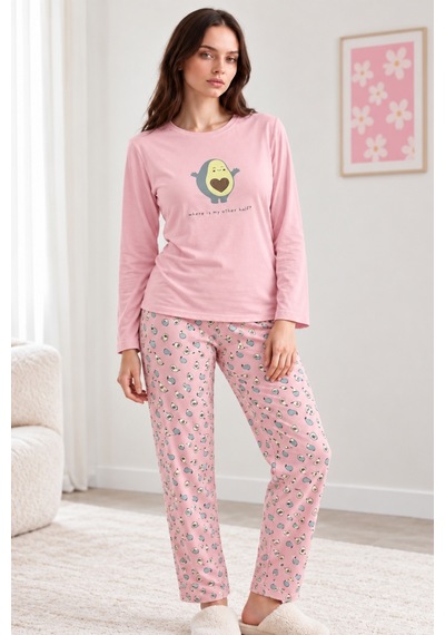 Nisanca Kadın Premium Modal Penye Pijama Takımı %100 Pamuk Soft Yumuşak Dokulu Uzun Kollu Baskılı Desenli Alt Üst 2'li Pembe